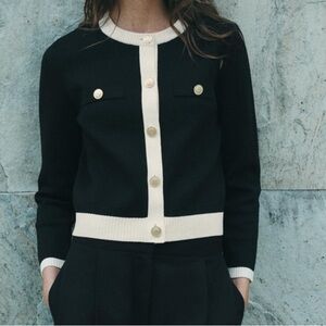 ZARA Black & Cream Contrast-Trim cardigan with Gold Buttons